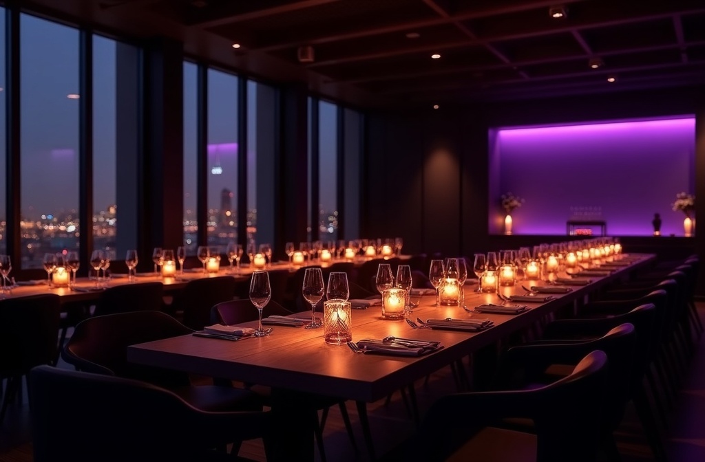 Private dinner setting with city views and warm candlelight