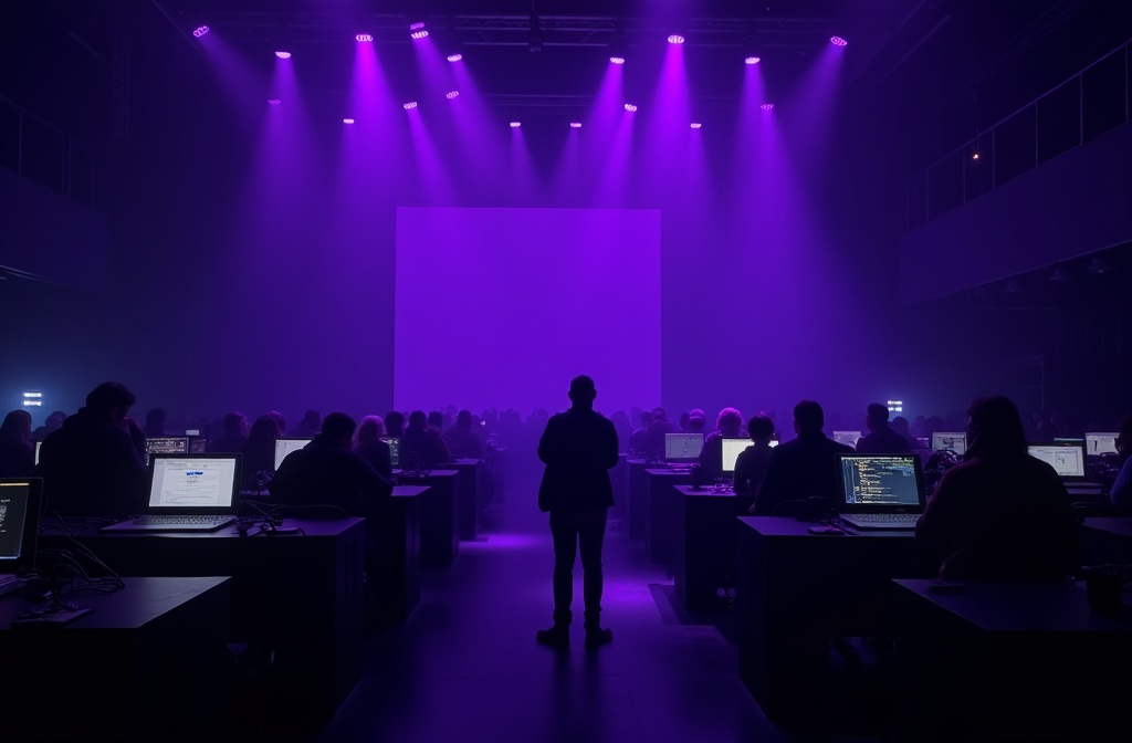Hackathon floor under purple stage lighting