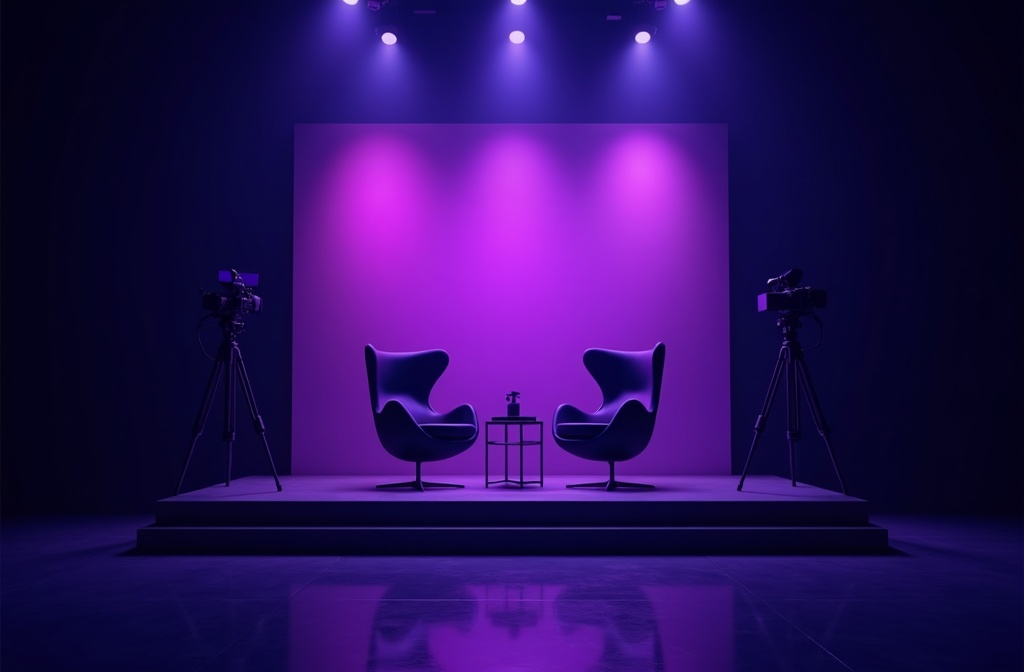 Branded broadcast studio set with purple lighting